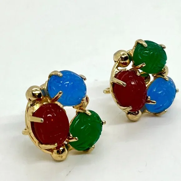 Vintage GLASS SCARAB Earrings Egyptian Revival Gold Tone Screwback - Picture 8 of 13